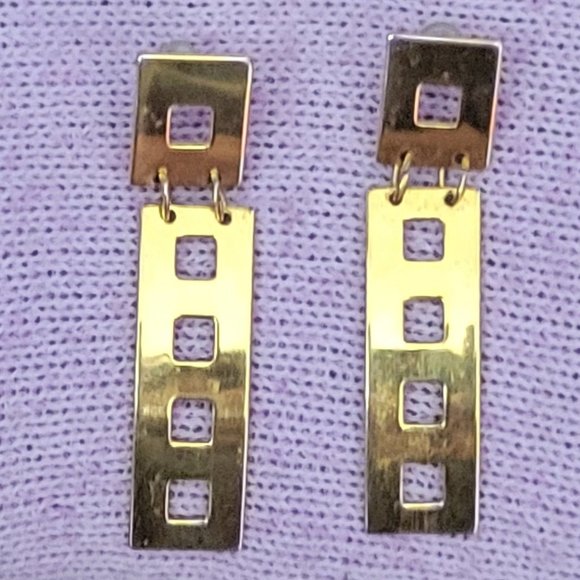Gold rectangle square drop geometric flat plated dangle tears post earrings. - Picture 1 of 6